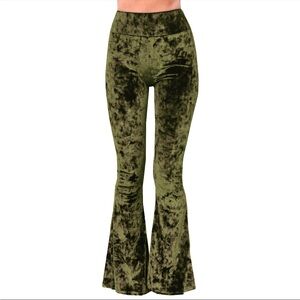 Olive Green Crushed Velvet Bell Bottom Flare Pants